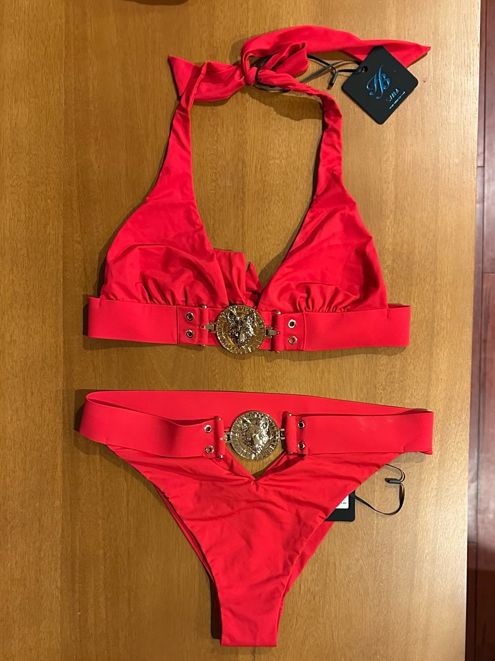 Honey Birdette Red Halter Bikini with Gold Medallion Accents